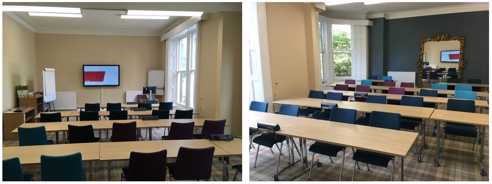 Tables and chairs in rows facing the teaching wall.